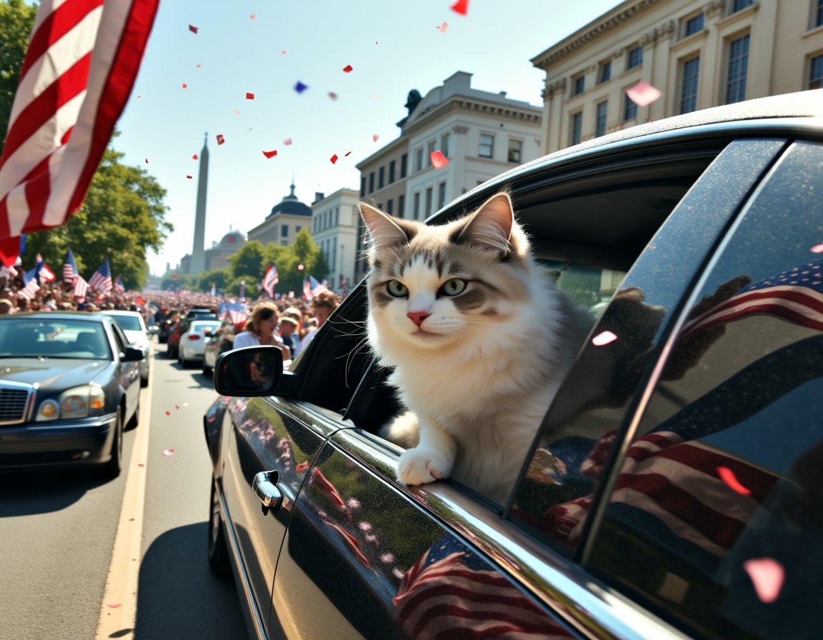 Cat in a celebratory motorcade, enjoying the confetti and cheering crowds during the inauguration parade.